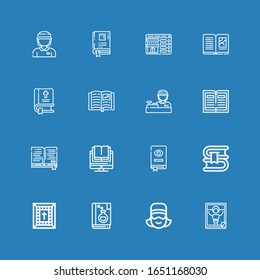 Editable 16 bookstore icons for web and mobile. Set of bookstore included icons line Magazine, Cashier, Book, Bible, Booking on blue background