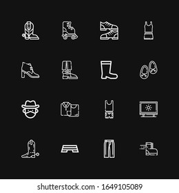 Editable 16 boot icons for web and mobile. Set of boot included icons line Shoe, Trousers, Step, Boot, Tracing, Clothes, Cowboy, Shoes, Boots, Roller skate on black background