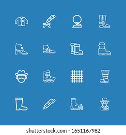 Editable 16 boot icons for web and mobile. Set of boot included icons line Cowboy, Boot, d printing pen, Boots, Cloth, Roller skate, Clothing on blue background