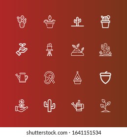 Editable 16 botanical icons for web and mobile. Set of botanical included icons line Sprout, Watering can, Cactus, Acorn, Hanging pot, Cotton, Flower pot, Prickly pear on red