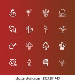 Editable 16 botany icons for web and mobile. Set of botany included icons line Tree, Cactus, Watering can, Palm tree, Sprout, Oak leaf, Fertilizer, Dandelion, Terrarium on red