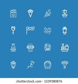 Editable 16 bouquet icons for web and mobile. Set of bouquet included icons line Bouquet, Bride, Rose, Vase, Flower basket, Party, Wedding invitation on blue background