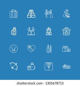 Editable 16 bow icons for web and mobile. Set of bow included icons line Voucher, Tuxedo, Gifts, Bow, Gift, Violin, Gift box, Surprised, Native american, Wedding on blue background