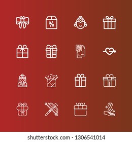 Editable 16 bow icons for web and mobile. Set of bow included icons line Cancer, Gift, Crossbow, Present, Native american, Cupid, Memorize, Indian, Offer, Bow on red