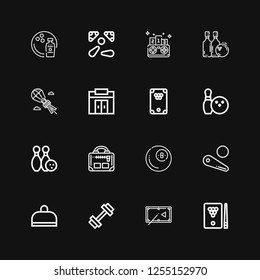 Editable 16 bowling icons for web and mobile. Set of bowling included icons line Billiard, Pool table, Gym, Pinball, Bowling, Parasailing, Competition on black background