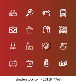 Editable 16 box icons for web and mobile. Set of box included icons line Postal, Suitcase, Shopping basket, Cupboard, Noodles, Online shop, Milk, Earrings, Store, Sash on red