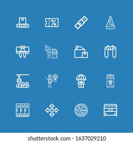 Editable 16 box icons for web and mobile. Set of box included icons line Pandoras box, Pizza, Move, Locker, Online shopping, Gift, Product release, Conveyor on blue background