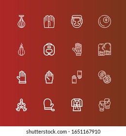 Editable 16 boxing icons for web and mobile. Set of boxing included icons line Boxing, Judo, Gloves, Thailand, Billiard, gloves, helmet, Punching ball, bag on red