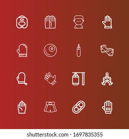 Editable 16 boxing icons for web and mobile. Set of boxing included icons line Glove, Hugh, Boxing shorts, Gloves, Thailand, Punching bag, Billiard, Boxer, helmet on red