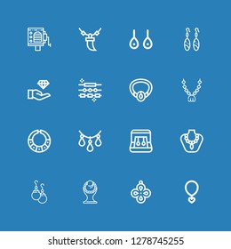Editable 16 bracelet icons for web and mobile. Set of bracelet included icons line Necklace, Pendant, Earrings, Jewelry, Barrel organ on blue background