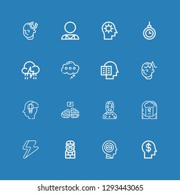 Editable 16 brain icons for web and mobile. Set of brain included icons line Mind, Head, Nerd, Ray, Brainstorm, Zombie, Neural, Imagination, Intellectual, Thinking on blue background