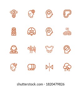 Editable 16 brain icons for web and mobile. Set of brain included icons line Storm, Reflection, Heads, Mind, Body, Scientist, Psychologist, Neural, Artificial intelligence on white background