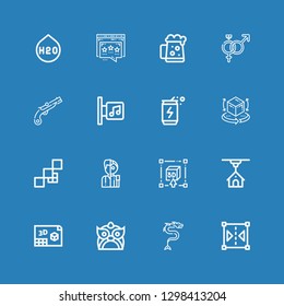 Editable 16 brand icons for web and mobile. Set of brand included icons line Reflect, Dragon, d, Android, Mosaic, Energy drink, Music store, Musket, Symbol on blue background