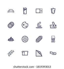 Editable 16 bread icons for web and mobile. Set of bread included icons line Bread, Sandwich, Spike, Hot dog, Bagel, Rice, Fast food, Cookie, Biscuits, Kebab on white background