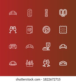 Editable 16 bread icons for web and mobile. Set of bread included icons line Bread, Toast, Picnic, Croissant, Last supper, Crepe maker, Biscuit, Breakfast, Cookie, Pretzel on red