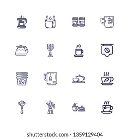 Editable 16 break icons for web and mobile. Set of break included icons line Tea cup, Tea, Coffee maker, Espresso, Coffee pot, Mug, Cup, Coffee, cup on white background