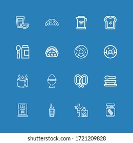 Editable 16 breakfast icons for web and mobile. Set of breakfast included icons line Peanut butter, Kettle, Coffee, Coffee machine, Soup, Pretzel, Boiled egg on blue background