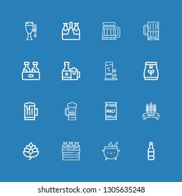 Editable 16 brew icons for web and mobile. Set of brew included icons line Beer, Cauldron, Hop, Malt, Tea bag, Beers on blue background