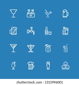 Editable 16 brewery icons for web and mobile. Set of brewery included icons line Beer, Cocktail, Beer tap, Dark beer, Martini on blue background