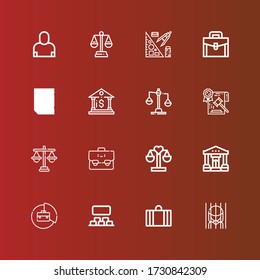 Editierbare 16 Aktentaschen Icons für Web und Mobile. Satz der Aktentasche inklusive Ikonen Zeile Gefängnis, Koffer, Projektion, Briefkasten, Bank, Balance, Gerechtigkeit, Recht, Wiedersehen, Geschichten auf rot