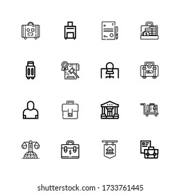 Editable 16 briefcase icons for web and mobile. Set of briefcase included icons line Briefcase, Bank, Law, Luggage, Portfolio, Salesman, Office, Suitcase, Resume on white background