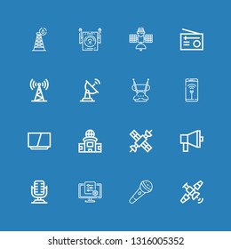 Editable 16 broadcast icons for web and mobile. Set of broadcast included icons line Satellite, Microphone, Tv, Megaphone, Television, Wifi, Antenna, Satellite dish on blue background