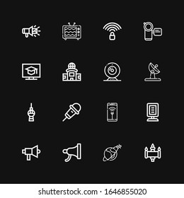 Editable 16 broadcast icons for web and mobile. Set of broadcast included icons line Signal, Satellite, Megaphone, Announcer, Wifi, Karaoke, Fernsehturm berlin on black background