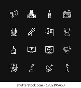 Editable 16 broadcast icons for web and mobile. Set of broadcast included icons line Microphone, Antenna, Loudspeaker, Megaphone, Television, Tower, Radio on black background