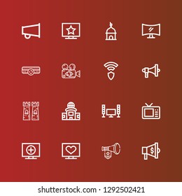 Editable 16 broadcasting icons for web and mobile. Set of broadcasting included icons line Megaphone, Television, Tower, Wireless, Live, Amplifier on red