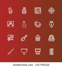 Editable 16 brush icons for web and mobile. Set of brush included icons line Comb, Silkscreen, Dustpan, Brush, Dressing table, Art, Fretsaw, Pen, Palette, Soap, Cleaning on red