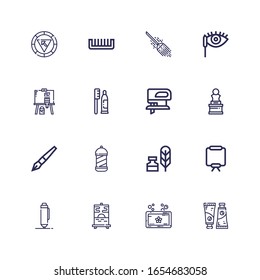 Editable 16 brush icons for web and mobile. Set of brush included icons line Paint tube, Soap, Painting, Pen, Canvas, Writing tool, Barbershop, Art, Fretsaw on white background