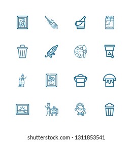 Editable 16 bucket icons for web and mobile. Set of bucket included icons line Popcorn, Maid, Housekeeping, Painting, Bucket, Trash, Paint, Caulk gun, Ice on white background