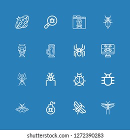 Editable 16 bug icons for web and mobile. Set of bug included icons line Locust, Moth, Virus, Bug, Ladybird, Parasite, Ant, Spyware, Spider, Frappe, Insect on blue background
