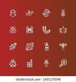 Editable 16 bug icons for web and mobile. Set of bug included icons line Virus, Leaf insect, Bug, Ladybird, Locust, Insecticide, Grasshopper, Spider, Caterpillar, Ladybug on red