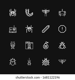 Editable 16 bug icons for web and mobile. Set of bug included icons line Bug, Ladybug, Beetle, Insect, Virus, Spam, Caterpillar, Spider, Spyware, Locust on black background