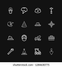 Editable 16 build icons for web and mobile. Set of build included icons line Trowel, Roller, Hat, Wrench, Toolbox, Cement truck, Helmet, Cross wrench, Hammer on black background