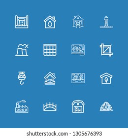 Editable 16 building icons for web and mobile. Set of building included icons line Lotus temple, Warehouse, Bridge, Factory, Greenhouse, Stonehenge, House, Crane on blue background