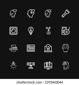 Editable 16 bulb icons for web and mobile. Set of bulb included icons line Imagination, Graphic design, Spotlight, Tungsten, Lamp, Idea, Layout, Design, Filament on black background