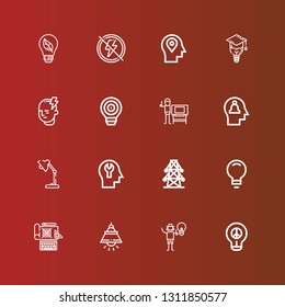Editable 16 bulb icons for web and mobile. Set of bulb included icons line Idea, Graphic designer, Lamp, Design, Electric tower, Mind, Bulb, Electricity on red