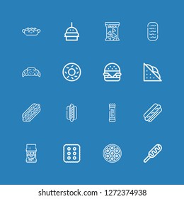 Editable 16 bun icons for web and mobile. Set of bun included icons line Hot dog, Baozi, Cracker, Sandwich, Snack, Hotdog, Hamburger, Bagel, Croissant, Baguettes on blue background
