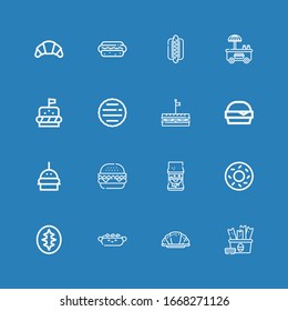Editable 16 bun icons for web and mobile. Set of bun included icons line Snack, Croissant, Hot dog, Sourdough, Bagel, Sandwich, Burger, Hamburger, Hotdog on blue background