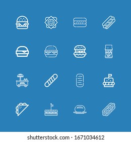 Editable 16 bun icons for web and mobile. Set of bun included icons line Hot dog, Bun, Sandwich, Burger, Baguettes, Baguette, Hamburguer, Hamburger on blue background