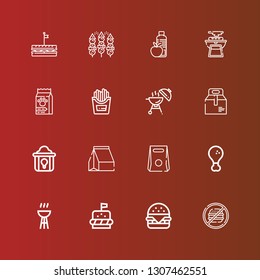 Editable 16 burger icons for web and mobile. Set of burger included icons line Junk food, Hamburger, Burger, Bbq, Fried chicken, Take away, Barbecue, Fries, Food, Sandwich on red