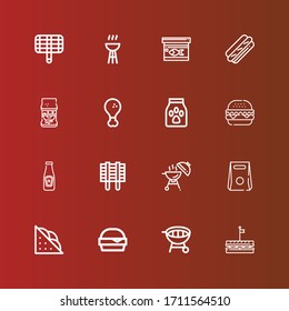 Editable 16 burger icons for web and mobile. Set of burger included icons line Sandwich, Grill, Hamburger, Take away, Barbecue, Ketchup, Burger, Food, Fried chicken, Hot dog on red