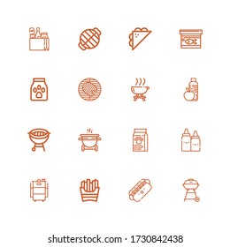 Editable 16 burger icons for web and mobile. Set of burger included icons line Barbecue grill, Hot dog, French fries, Barbecue, Ketchup, Food, Grill, Bbq, Fish food on white background