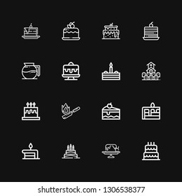 Editable 16 burning icons for web and mobile. Set of burning included icons line Birthday cake, Cake, Flambe, Cemetery, Coffee maker on black background