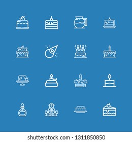 Editable 16 burning icons for web and mobile. Set of burning included icons line Cake, Cemetery, Burner, Birthday cake, Asteroid, Coffee maker on blue background