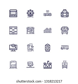 Editable 16 bus icons for web and mobile. Set of bus included icons line Train, School, Bus, Big ben, Lesson, Education, School stop, Transport, London eye on white background