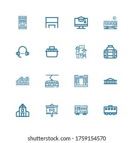 Editable 16 bus icons for web and mobile. Set of bus included icons line Train, Blackboard, School, British museum, Tram, Transport, Lesson, Bus, Education on white background