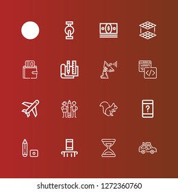 Editable 16 business icons for web and mobile. Set of business included icons line Car, Time, Smartphone, Marker, Customer service, Squirrel, Teamwork, Plane, Code, Satellite dish on red